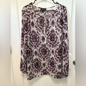 Lane Bryant Women's Sheer Blouse in Purple and White Floral. Size 18/20. Tassel.